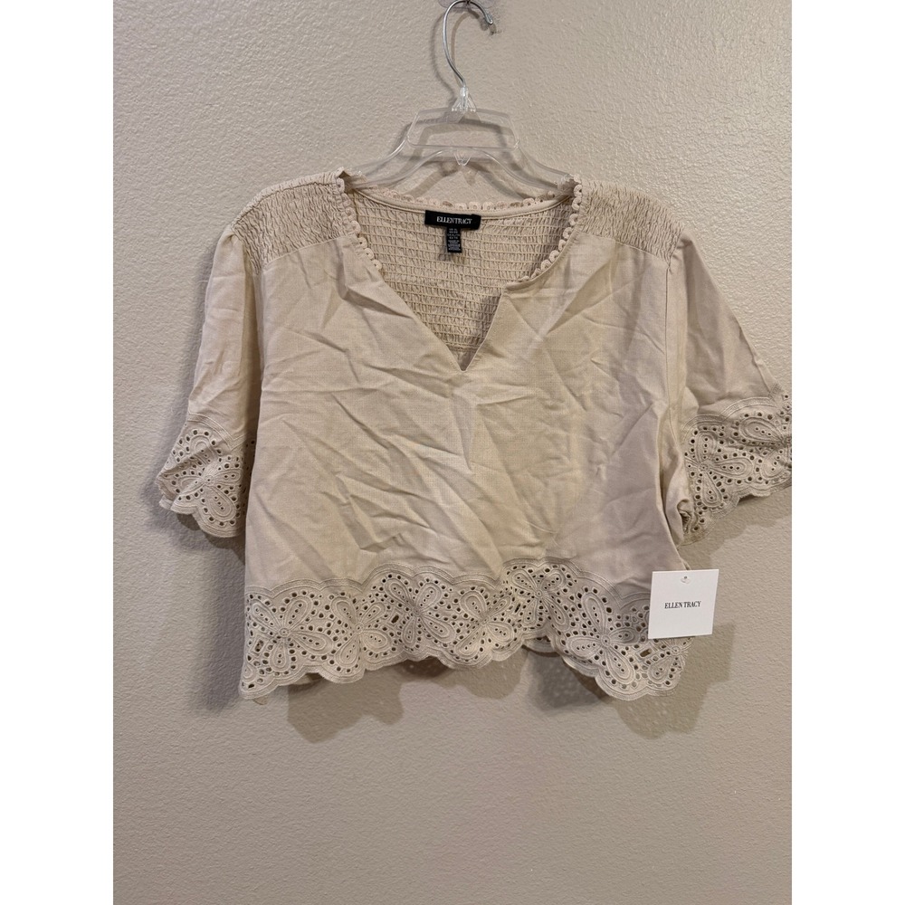 Ellen Tracy Eyelet Smocked Top Womens XL Linen  NWT ETWS5030 Split Neck